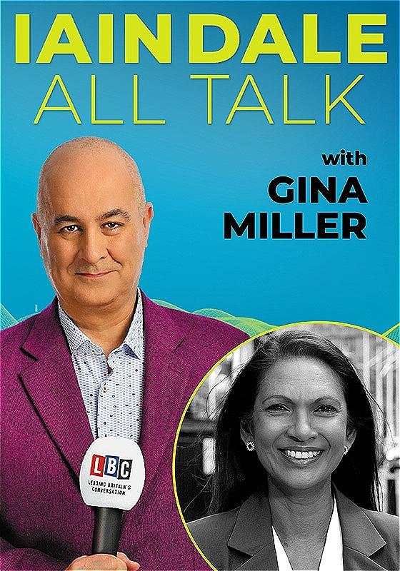 Iain Dale wears a purple suit and looks into the camera, holding a mic. In the bottom right, there is a picture of the guest - Gina Miller. 