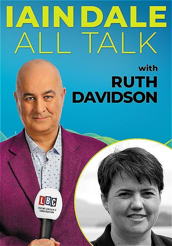 Iain Dale wears a purple suit and looks into the camera, holding a mic. In the bottom right, there is a picture of the guest - Ruth Davidson