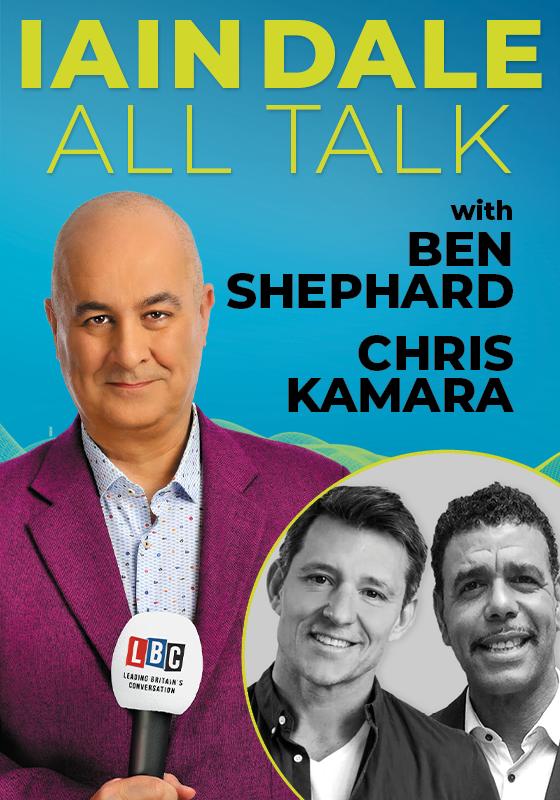 In front of a blue background, Iain Dale wears a purple suit and looks into the camera, holding a mic. Black and white headshot of Ben Shephard and Chris Kamara in bottom right.