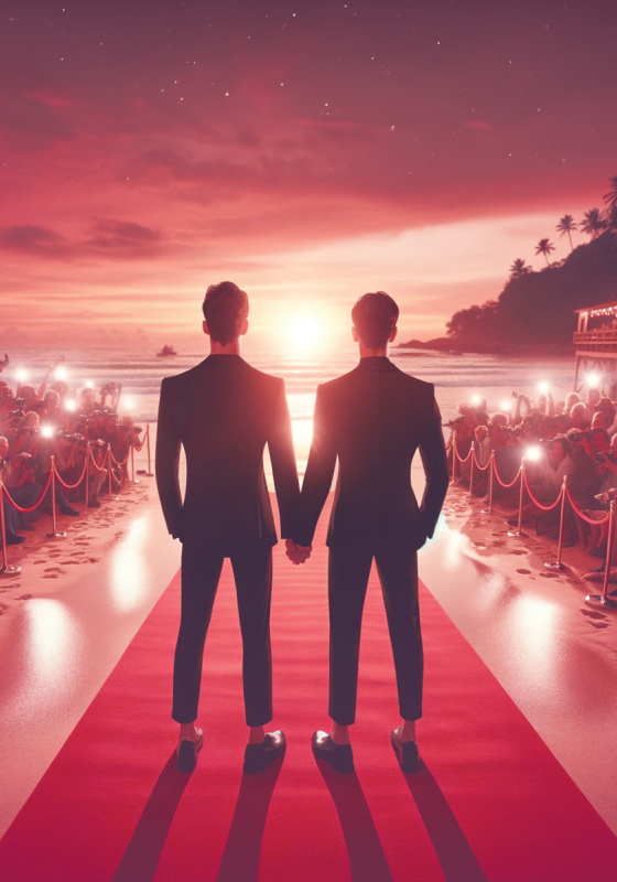 2 performers on a red carpet, facing away from the camera towards a beach sunset. The sun is between their silhouetted heads. There are velvet ropes on either side of them, holding back an audience, flashing lights emanating from the crowd.