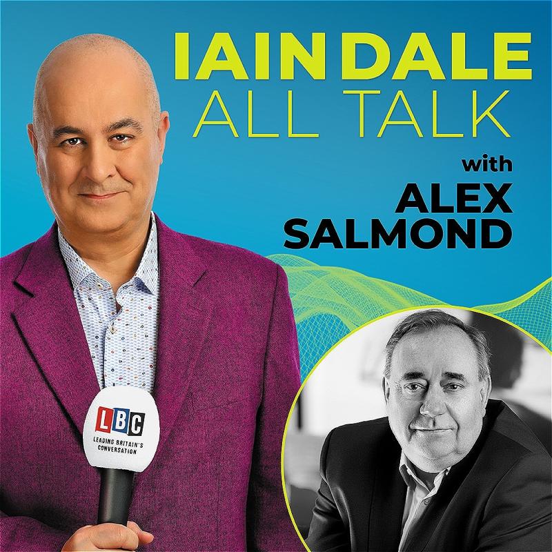 Iain Dale wears a purple suit and looks into the camera, holding a mic. In the bottom right, there is a picture of the guest - Alex Salmond