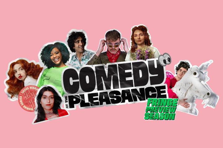 Stickers of multiple comedians surrounding a central "Comedy at the Pleasance" sticker 