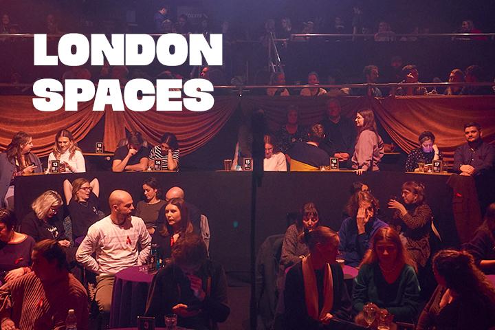 The audience in Pleasance London mainhouse shot from centre stage behind a microphone.