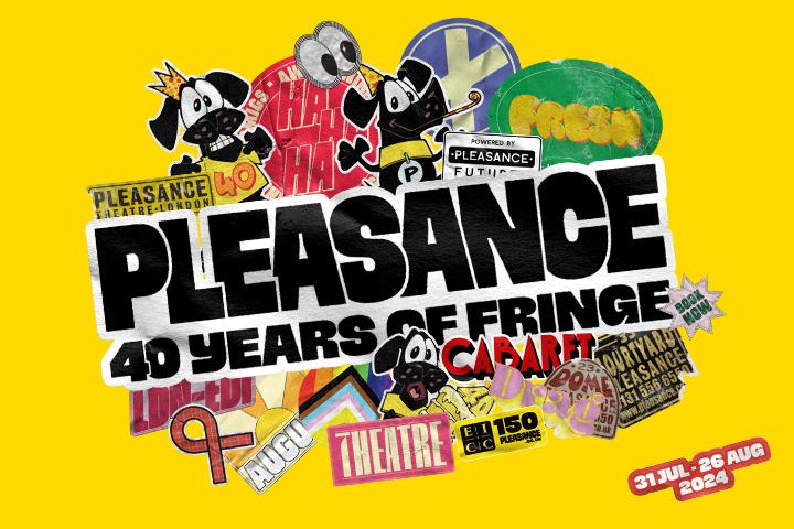 Yellow tiles covered in colourful stickers promoting different genres and venues at the fringe. In the centre is a large black and white sticker reading "Pleasance 40 years of Fringe".
