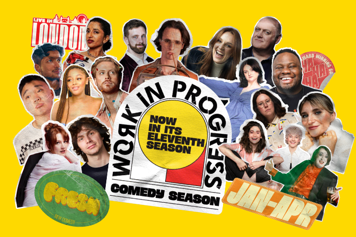 Composite image of many comedians surrounding a sticker that reads "Work in Progress Comedy Season"