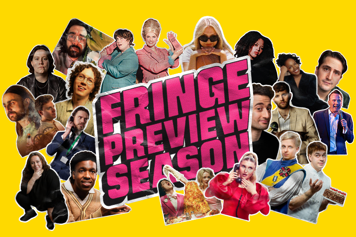 Composite image of many comedians surrounding a sticker that reads "FringePreviewSeason"