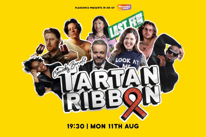 Tartan Ribbon sticker surrounded by stickers of comedians.