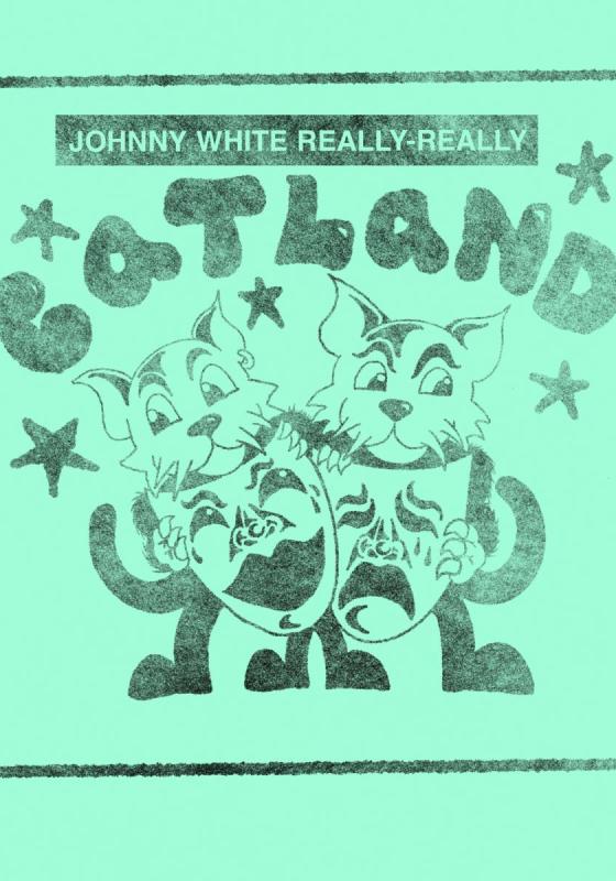 Cyan blue poster with cartoon cats holding theatre masks with the title above