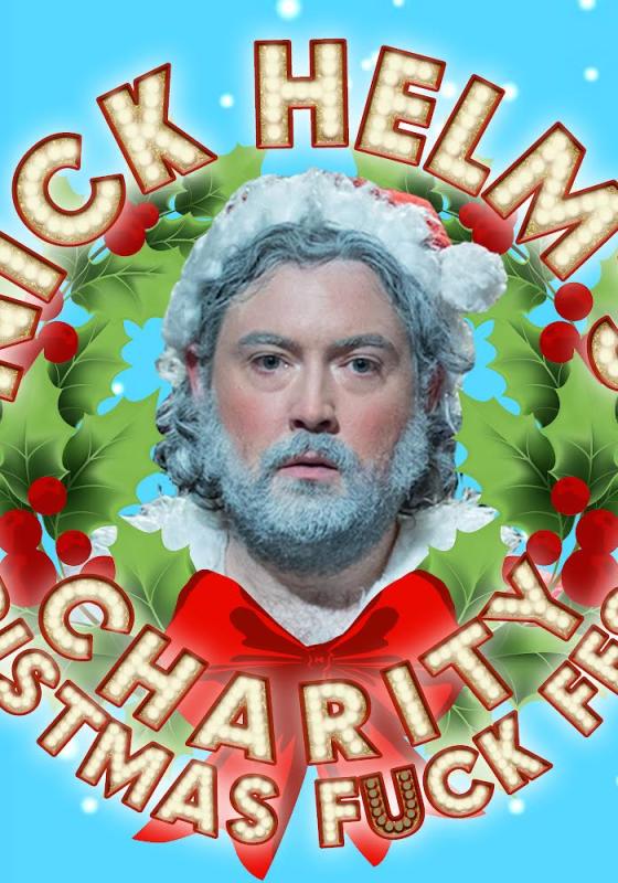 Nick Helm dressed as Father Christmas with ivy and the title of the show surrounding him against a blue back drop.