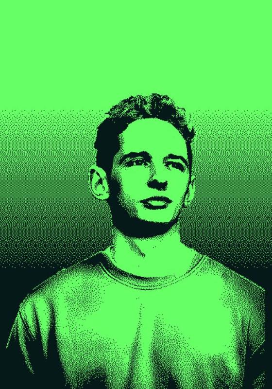 Picture of Milo looking out in the distance with a heavy green and black edit on the photo.