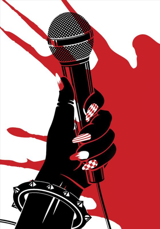 Hand with punk nail polish and spiky bracelet holding microphone. Red and white background.