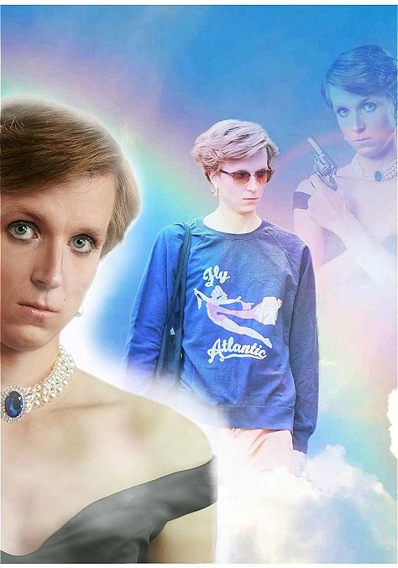 Three images of the performer recreating pictures of Princess Diana. Set to a blue background with clouds and rainbow. 