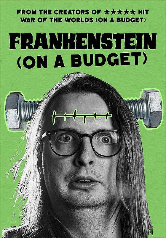 A black and white image of a performer on a green background. A screw is coming out their head and they have a green scar on their forehead. 