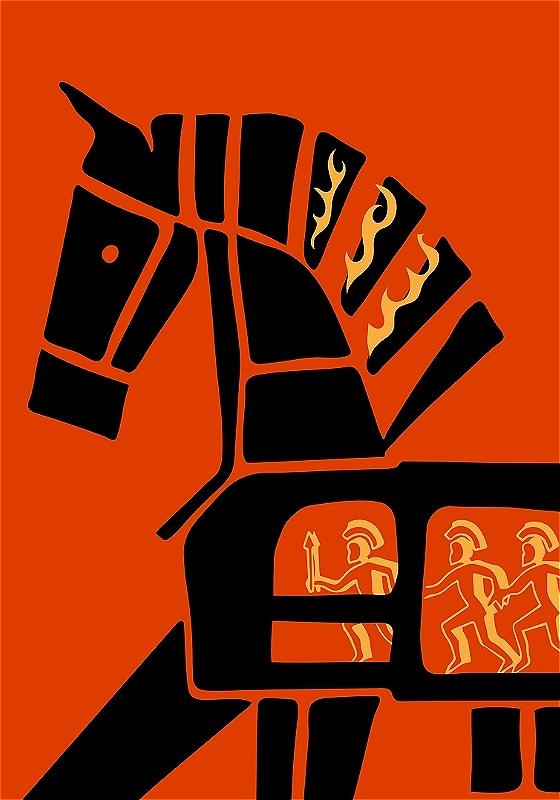 On a red background, there is a black cartoon of a horse with yellow flames and three soldiers in armour. 