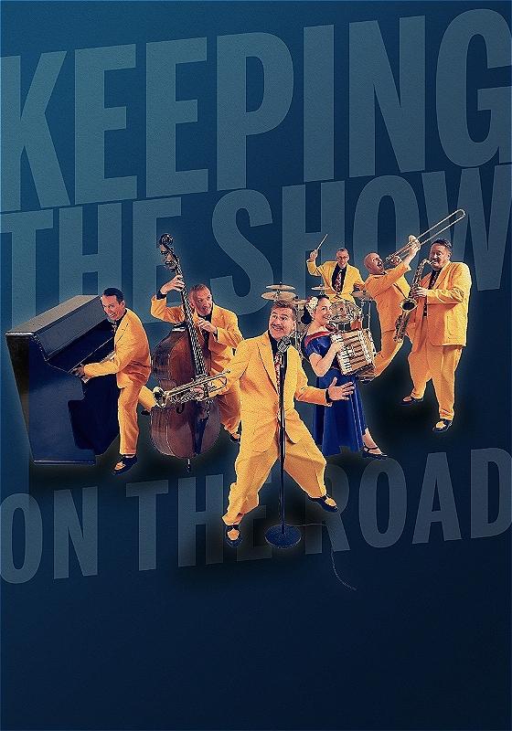 Seven musicians holding their instruments and wear yellow suits or a blue dress