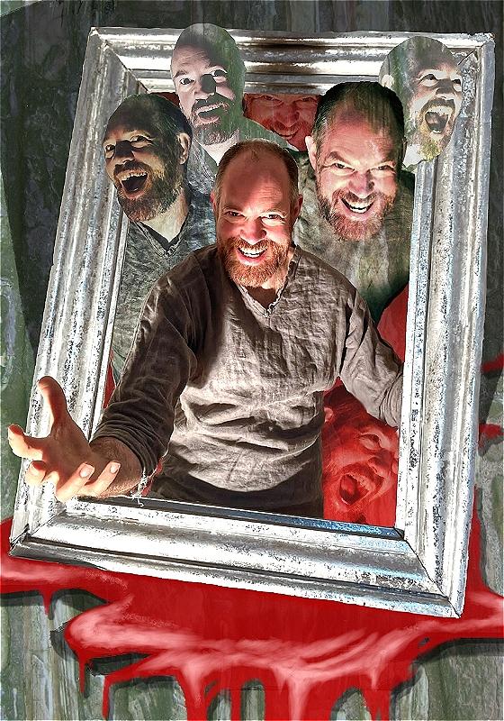 A man with a menacing smile reaches out from behind a frame. A pool of blood in the background.