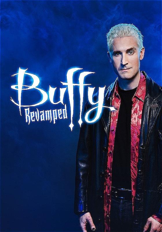 A performer looks into the camera - they have bleach blond hair and wear a black leather jacket. There is a midnight blue background. 