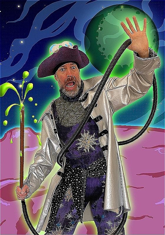 Captain Zak glows neon green against a cartoon background of a foreign planet 