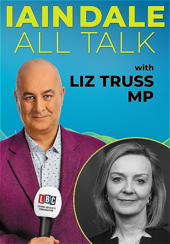 Iain Dale wears a purple suit and looks into the camera, holding a mic. In the bottom right, there is a picture of the guest - Liz Truss