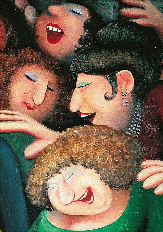 A joyful painting capturing a group of women sharing laughter and happiness together.