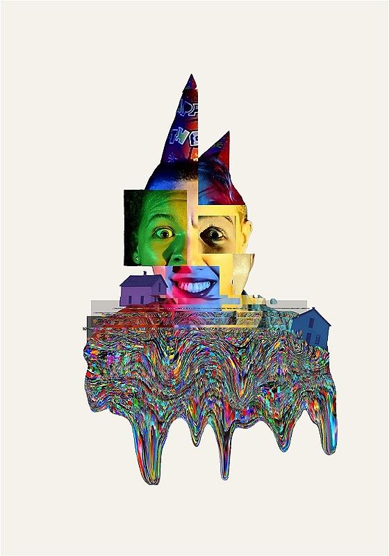 Abstract digital artwork featuring a fragmented and distorted face composed of various colors and textures, with a melting base that blends into colorful, wave-like patterns, and elements of architectural imagery interspersed in the composition.