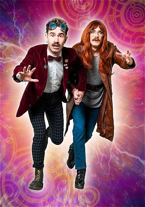 Two people dressed in a similar style to Dr Who are imposed onto a colorful background in a running pose.