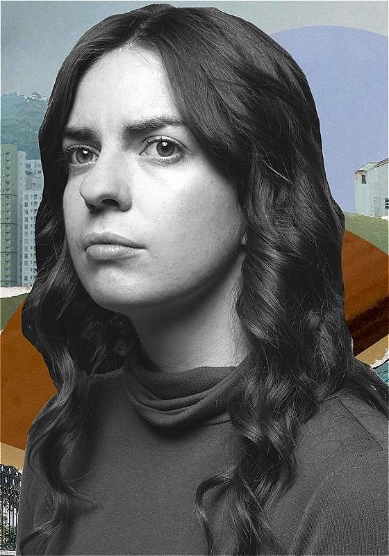 Portrait of a woman with long wavy hair, featuring a grayscale image of her face with a colorized background depicting an urban landscape and abstract shapes