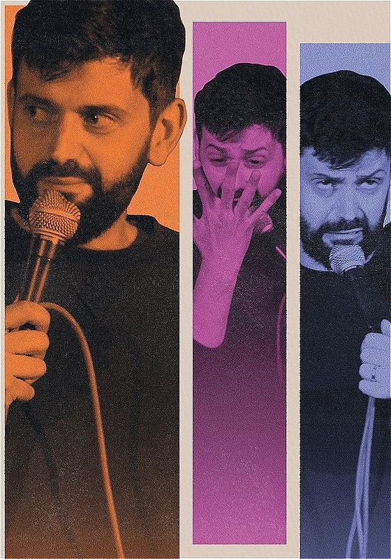 Collage of a man with a microphone displayed in various emotional expressions across multicolored vertical panels.