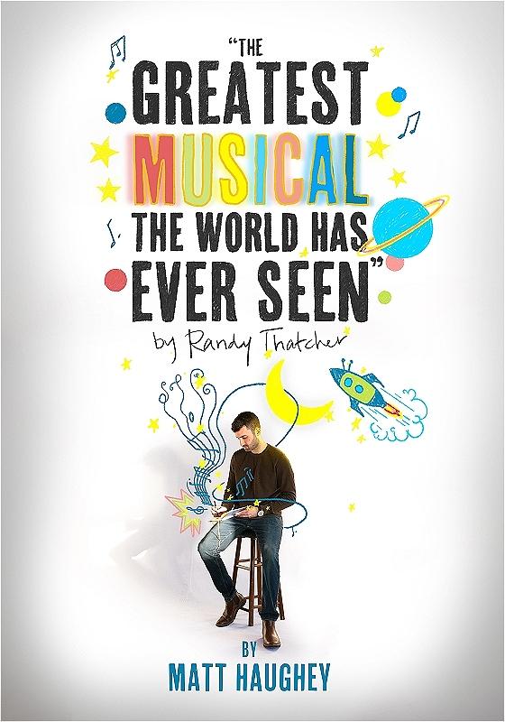 A performer sits on a stool beneath the show's title. There are colourful doodles coming out of the notebook they are writing in. 