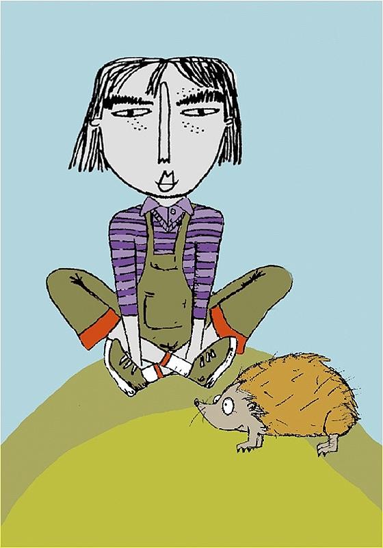 A stylized cartoon drawing of a young girl with distinctive straight, black hair and a split down the middle, wearing a striped purple and white top with green overalls, sitting cross-legged on a green hill with a large, alert hedgehog beside her.