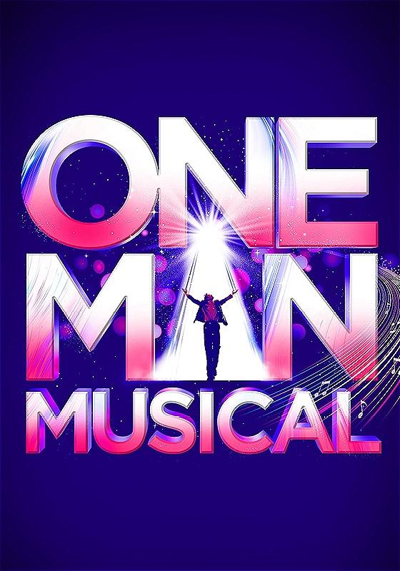 Vibrant poster for "One Man Musical" featuring large, glossy white and pink letters on a deep blue background with a silhouette of a man holding a microphone at the center, emitting bright white light and surrounded by sparkling stars and swirling light rays.