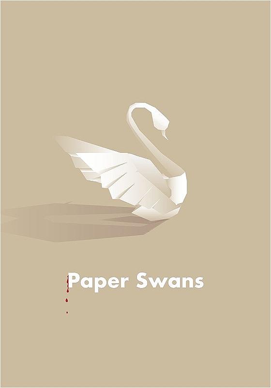 A minimalistic illustration of an origami swan in white against a beige background, with the text "Paper Swans" and stylized red ink droplets below the text.