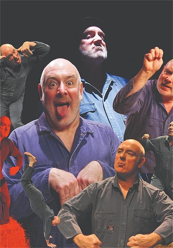 Collage of images featuring a bald man in different expressive poses and outfits against a black background, with smaller figures in action poses and dramatic expressions in both color and monochrome tones.