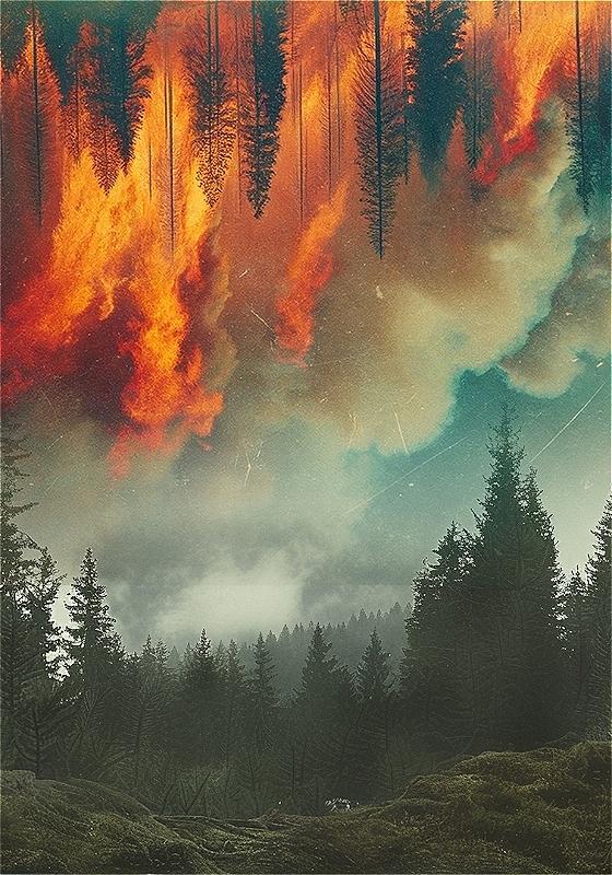 A surreal artwork of a forest with the top half depicting fiery, burning trees upside down and the bottom half showing a calm, misty forest landscape.