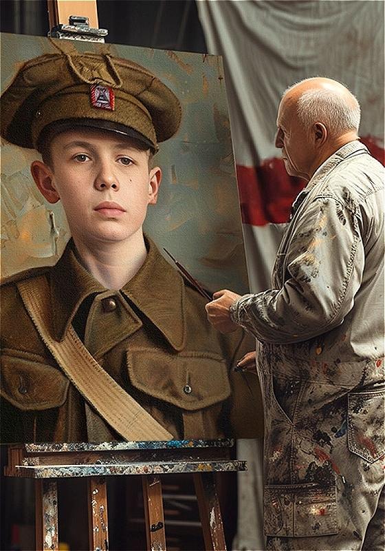 An elderly male artist in paint-splattered clothing paints a portrait of a young male in a military uniform, focusing intently on the canvas in a studio setting.