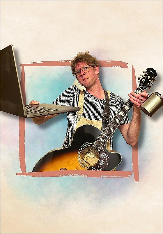 A man with tousled hair, looking puzzled while multitasking with a coffee cup, a laptop, and an acoustic guitar against a painted, brush-stroke style background.