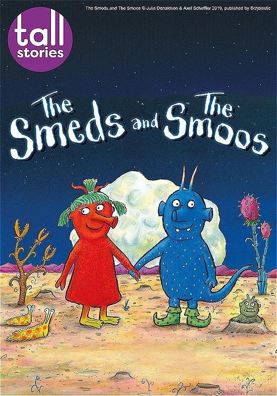 Book cover illustration of "The Smeds and The Smoos" featuring two cartoon-style characters: one red with wild green hair, in a red dress; the other, blue with two antennae, wearing green shoes. They hold hands under a moonlit sky with whimsical plant life and a small green creature nearby. Text displaying the title and authors floats above.