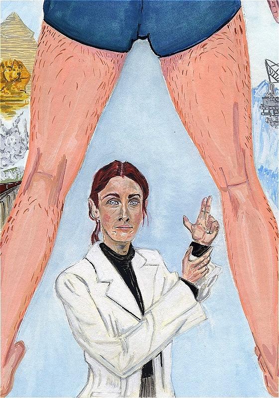 Painting of a woman in a white coat making a peace sign with her fingers, positioned below a giant pair of legs wearing blue underwear, with a backdrop that includes the Sphinx and an industrial scene.