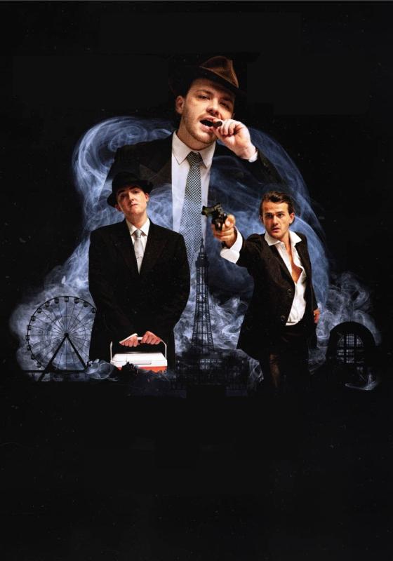 Three men in suits, two wearing hats, are shown with a dark, smoky background that includes a Ferris wheel and Eiffel Tower. One man points a gun and another holds a red-and-white briefcase. 