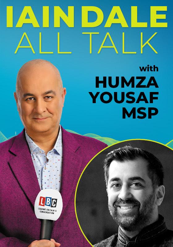 Iain Dale wears a purple suit and looks into the camera, holding a mic. In the bottom right, there is a picture of the guest - Humza Yousaf