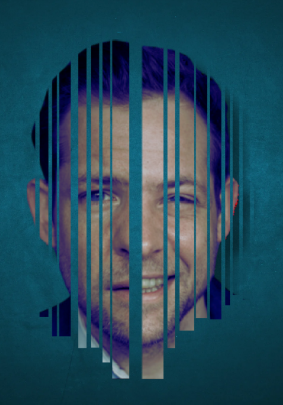 The actor's face, portrayed as if it has gone through a shredder, is in the centre of the image, in front of a murky blue background.