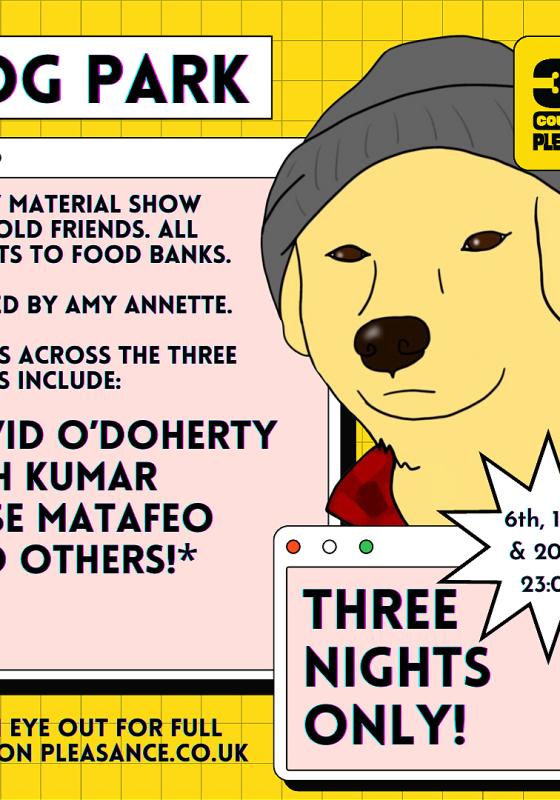 Cartoon dog with a grey hat in front of cartoon internet window displaying show title.