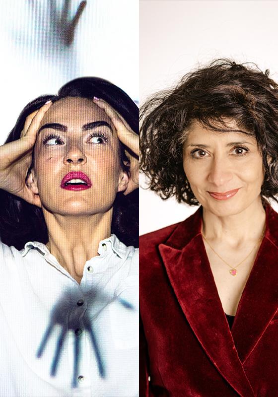 Two spliced images. One of a woman in a red suit smiling at the camera and the other woman looking stressed with her head in her hands.