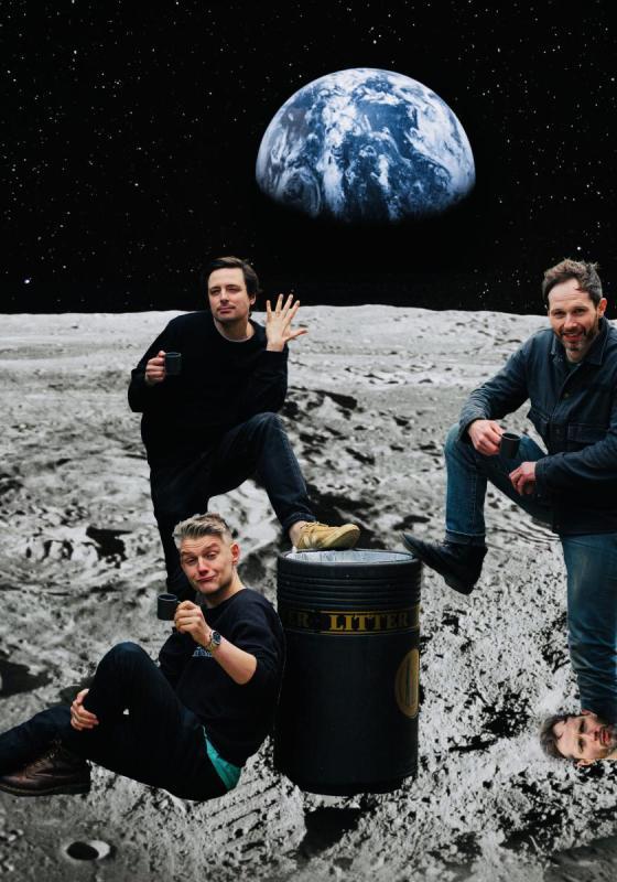 The cast of sheeps edited onto the moon by a trash can