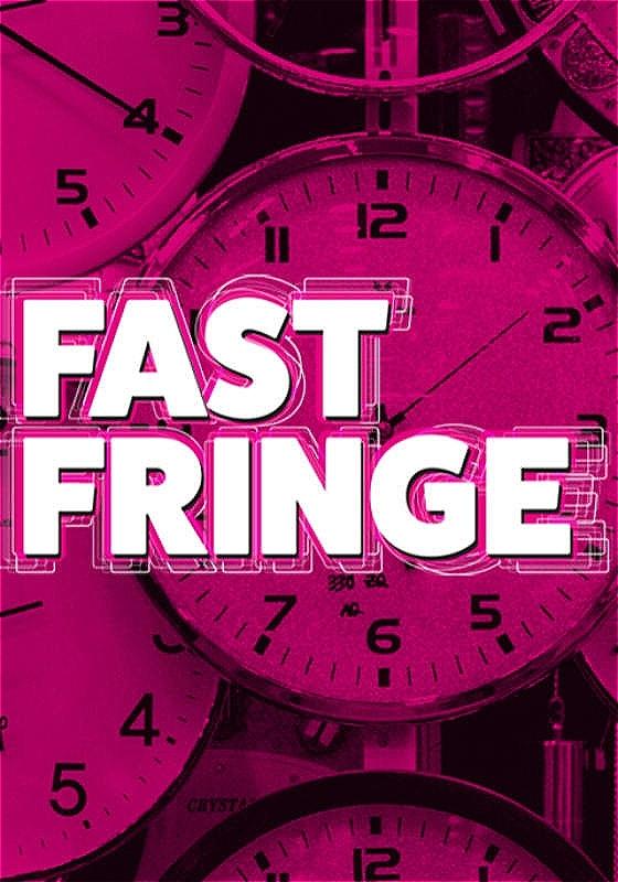 Fast Fringe on top of a background of clocks in purple. 
