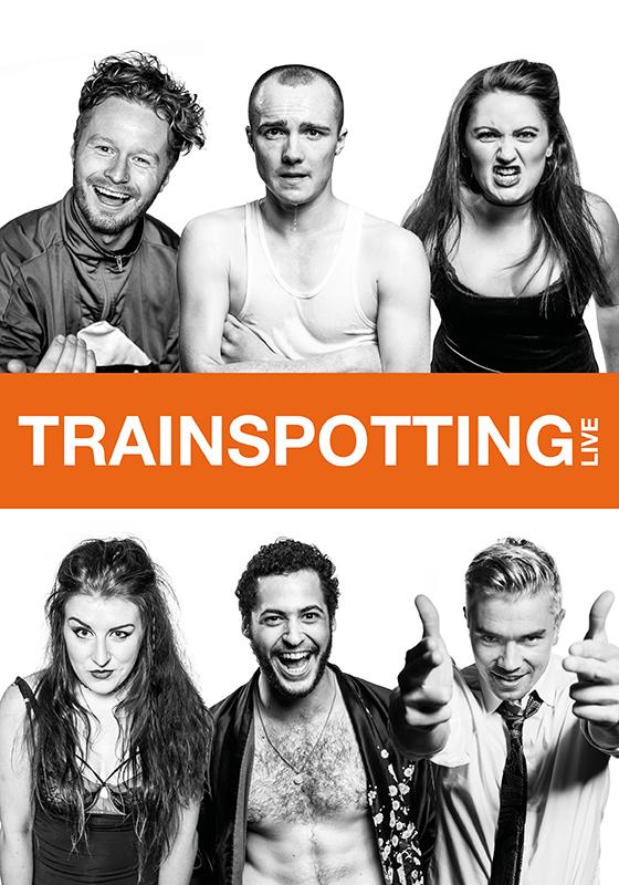Trainspotting live on an orange band in the middle with 3 people below & 3 people on top.