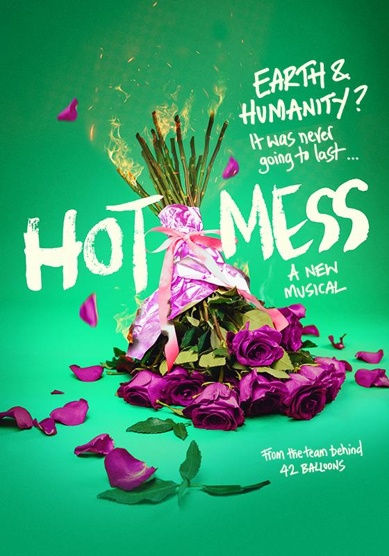 Bouquet of pink roses discarded with flames coming off of the stems, between the words hot mess.