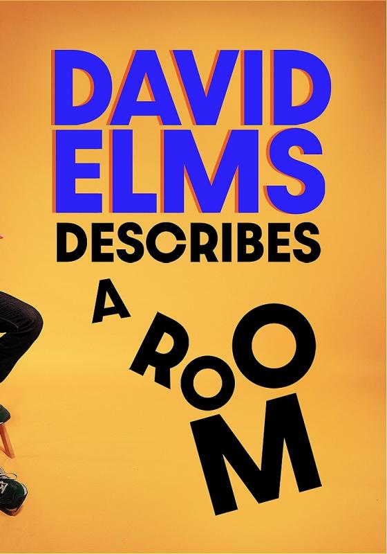 A man sits on a ladder, wearing all black against a yellow background. the text David Elms Describes a Room on the right side. 