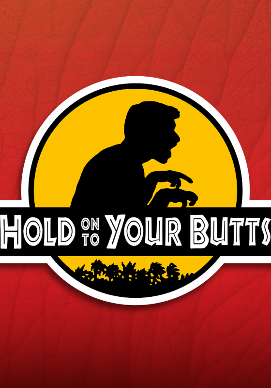 Silhouette of a man pretending to be a dinosaur in the style of Jurassic Park posters