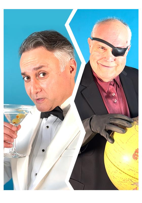 A spy drinks from a martini glass on one half. Other half shows an evil villain with an eye patch.